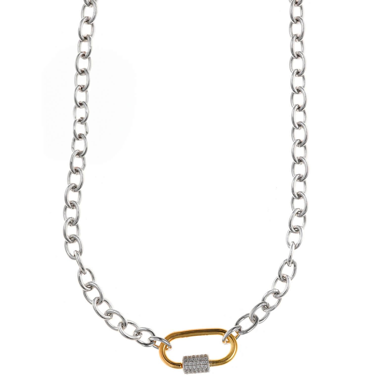 Colgante de plata 925 con cadena en Collar de plata formado por eslabones y un eslabón dorado con cierre de circonitas blancas de Salvatore 136C0338de hoja (Copia)