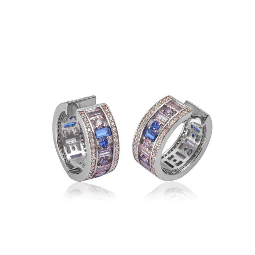 Pendientes Aro Plata 925 Rodiada con Piedras Multicolor – Elegancia Moderna y Color Sofisticado