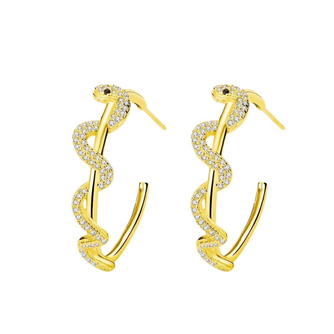 Pendientes Medio Aro de Plata 925 Chapada en Oro con Circonitas – Diseño Serpiente