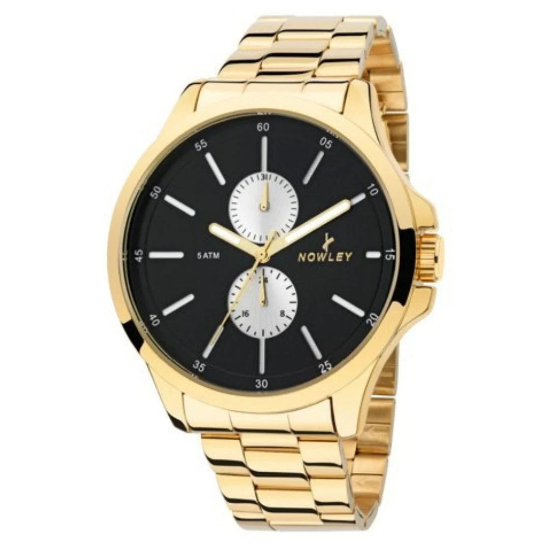 Reloj Nowley Hombre Acero Dorado Esfera Negra Multifunción