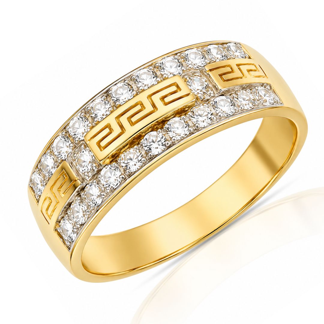 Anillo Bicolor de Oro 18K con Greca y Circonitas