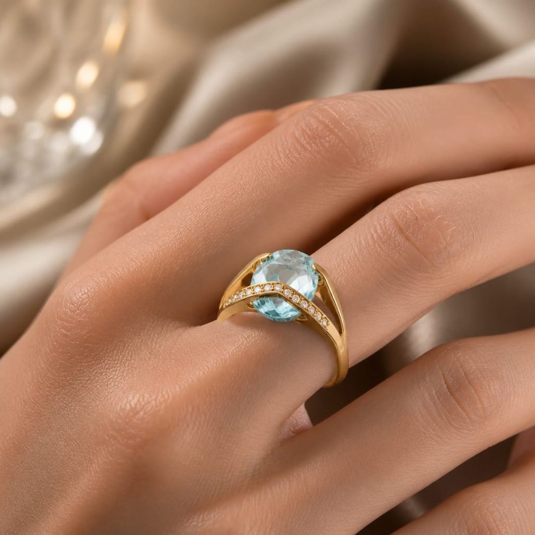 Anillo Celestina de Oro 18K con Piedra Azul y Circonitas