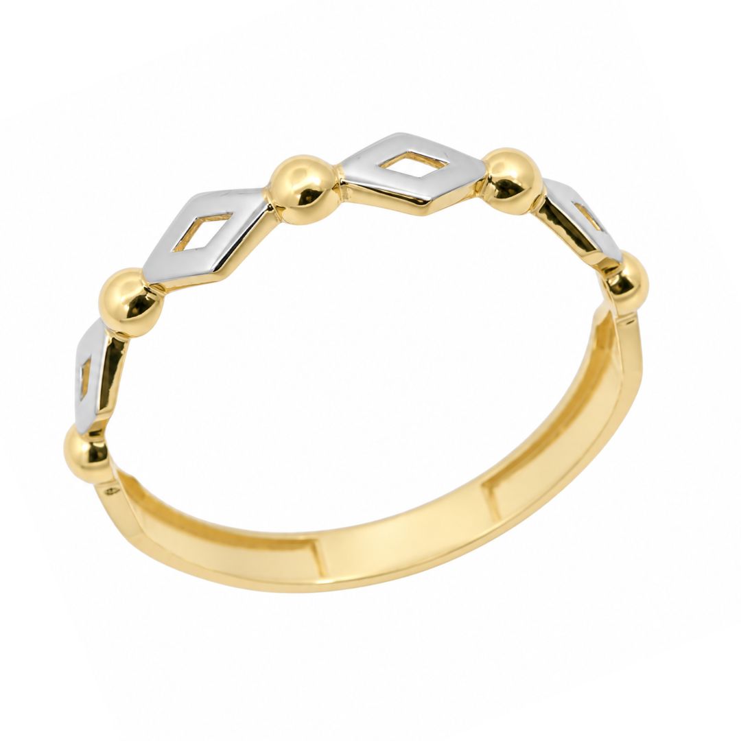 Anillo Fino de Oro 18K Bicolor con Rombos y Bolitas