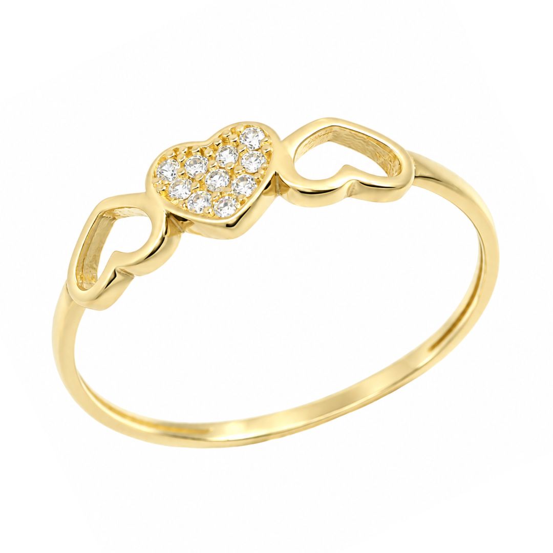 Anillo Fino de Oro 18K con Tres Corazones y Circonitas