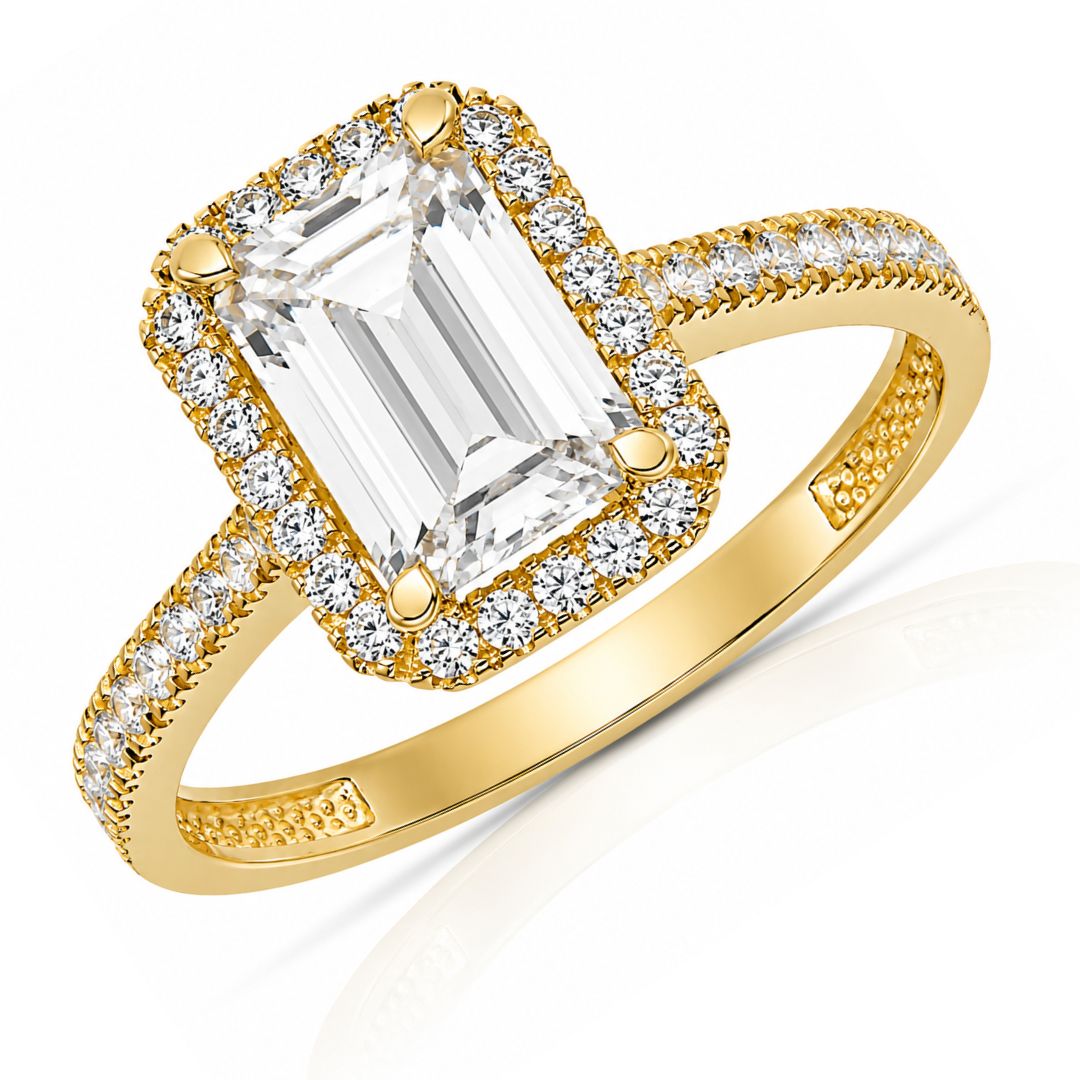 Anillo Oro Amarillo 18K con Circonita Rectangular y Halo de Circonitas