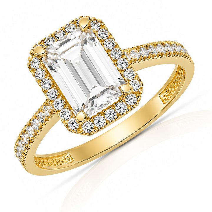 Anillo Oro Amarillo 18K con Circonita Rectangular y Halo de Circonitas
