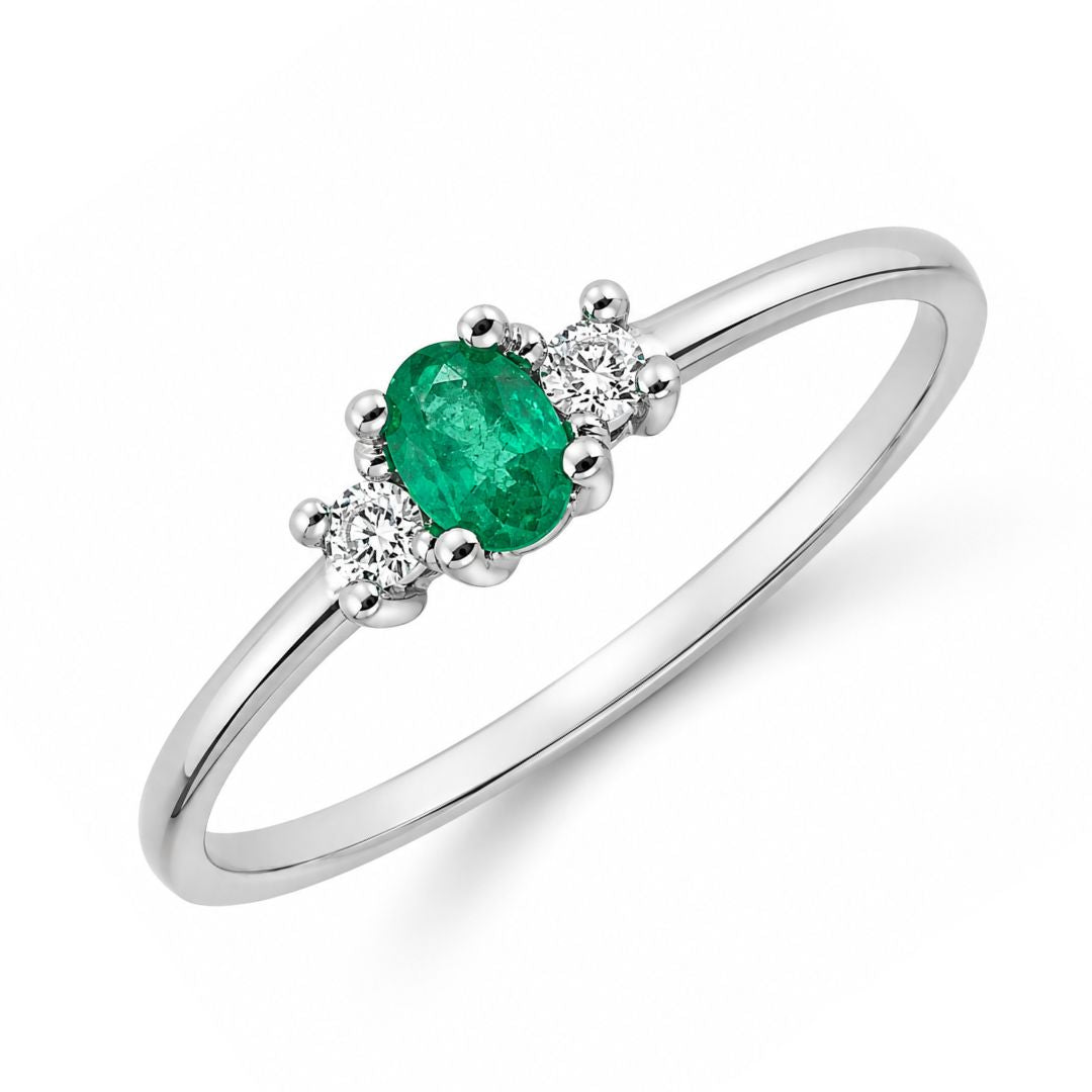 Anillo Oro Blanco 18K con Esmeralda y Diamantes
