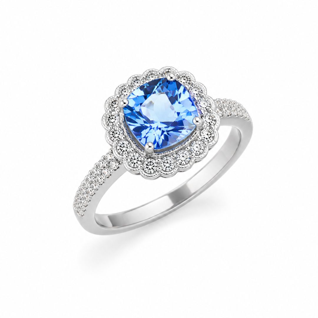 Anillo Plata 925 con Circonita Azul de Talla Cushion y Halo de Circonitas