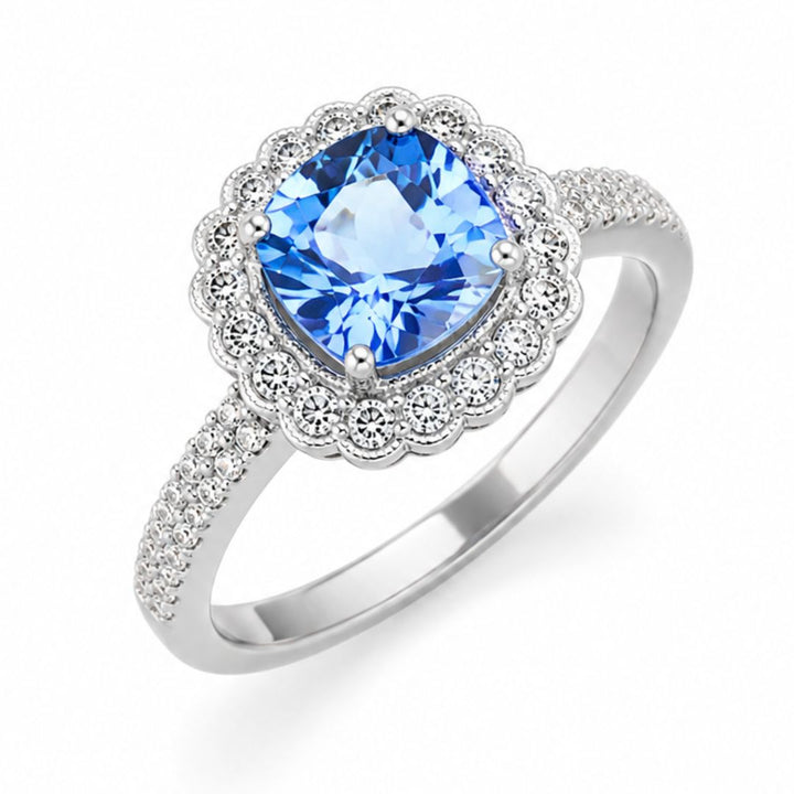 Anillo Plata 925 con Circonita Azul de Talla Cushion y Halo de Circonitas