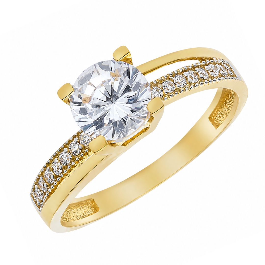 Anillo Solitario de Oro 18K con Circonitas Laterales