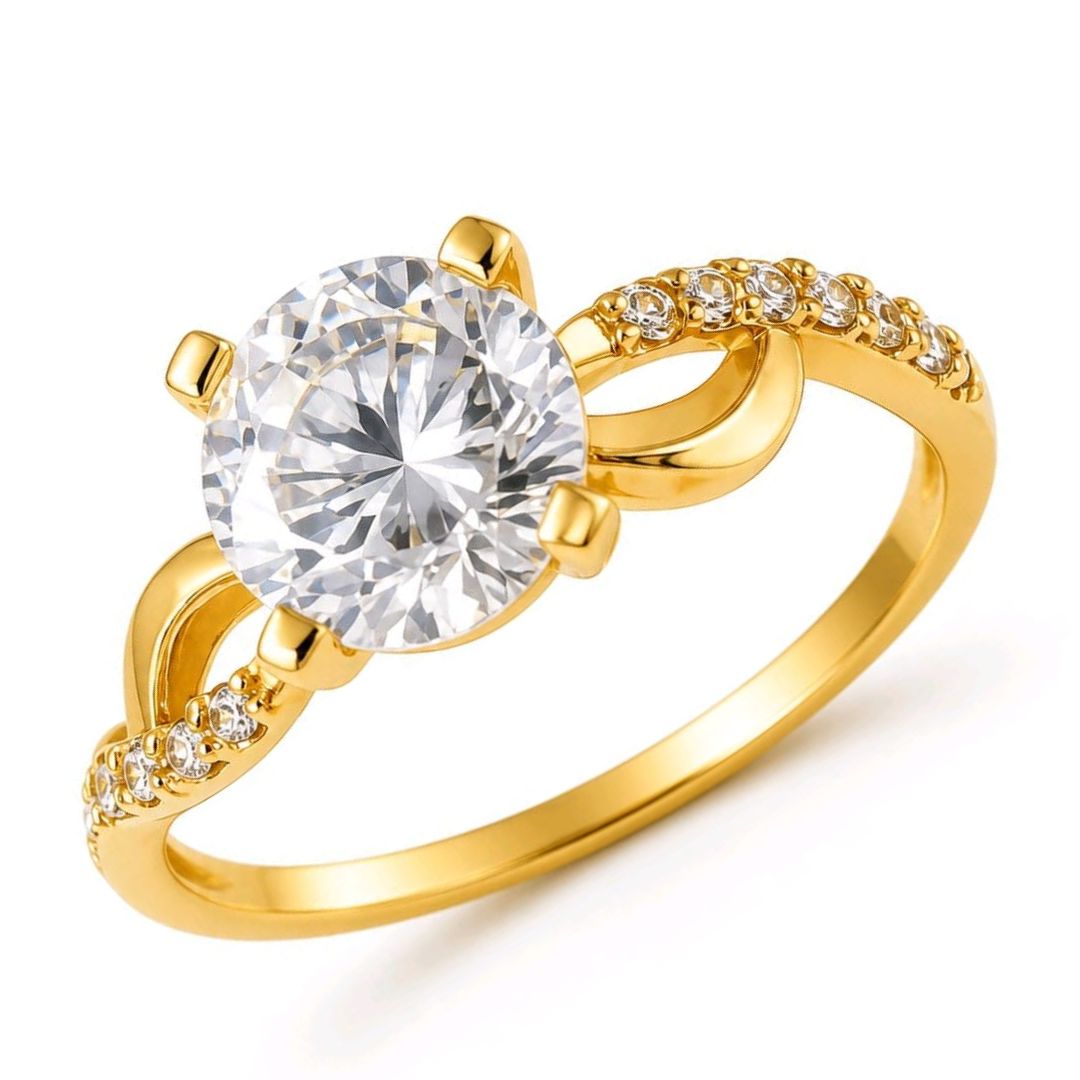 Anillo Solitario de Oro 18K con Circonitas y Diseño Cruzado