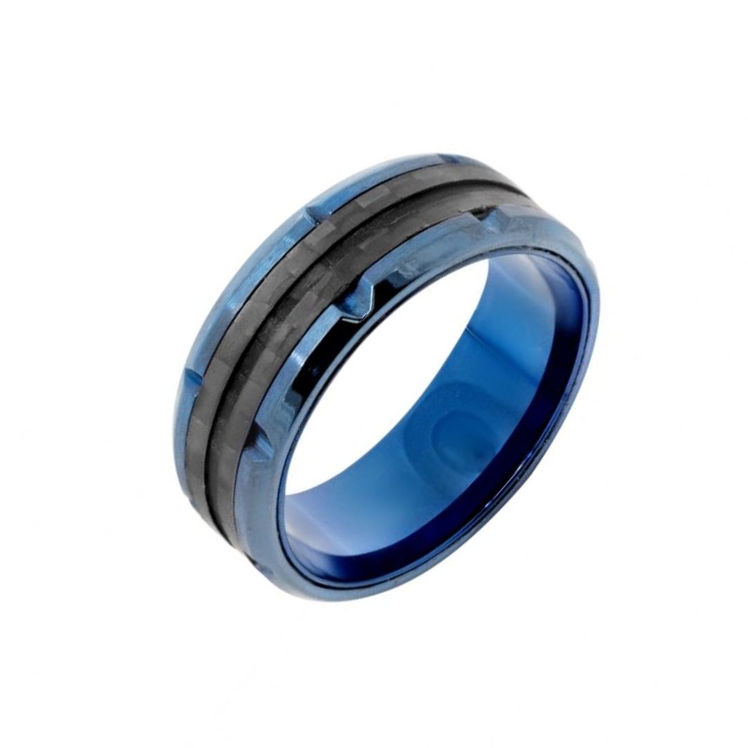 Anillo de Acero Azul para Hombre con Línea Negra