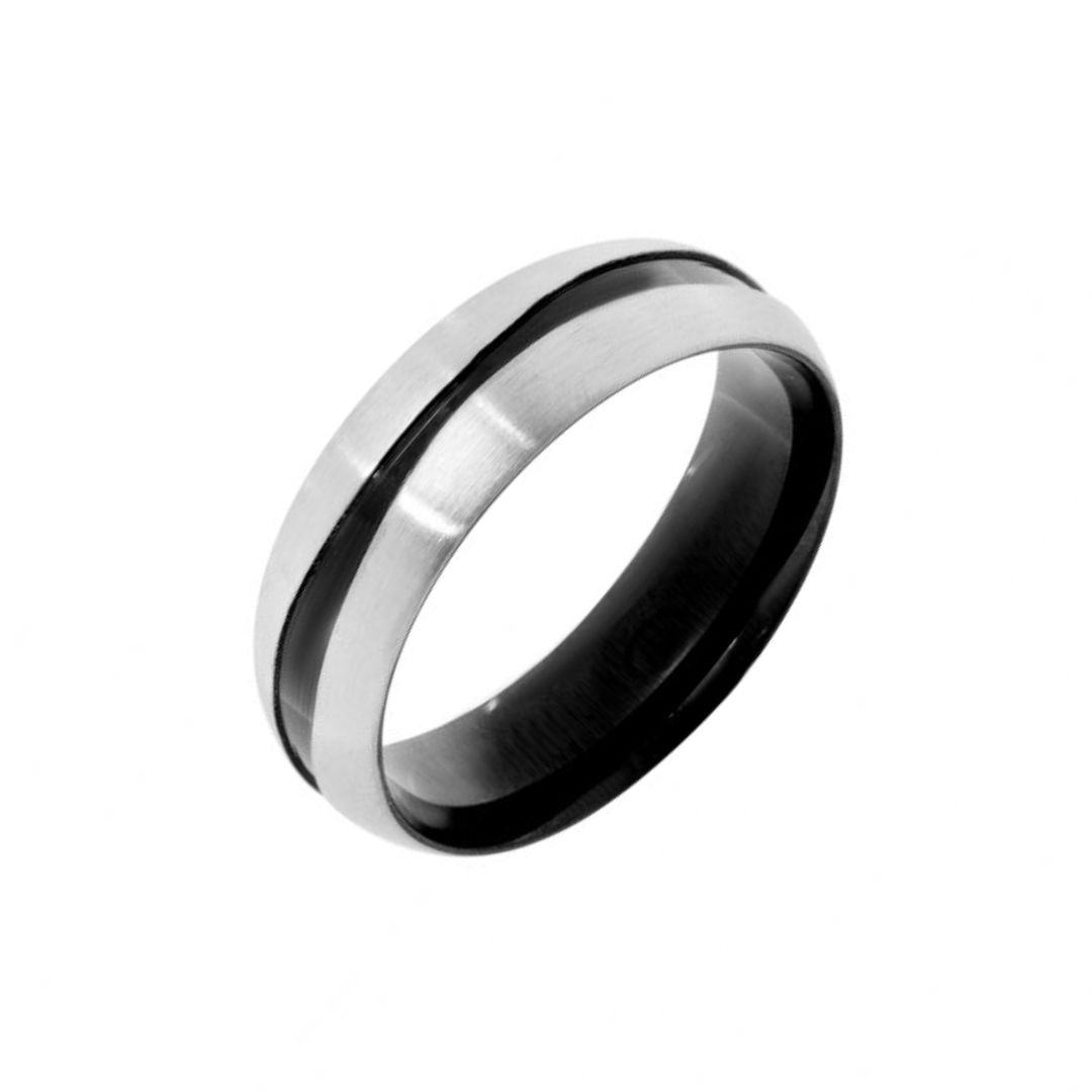 Anillo de Acero Bicolor para Hombre con Línea Negra