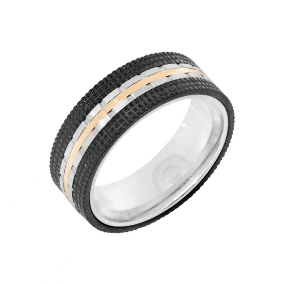 Anillo de Acero Negro para Hombre con Doble Línea Dorada