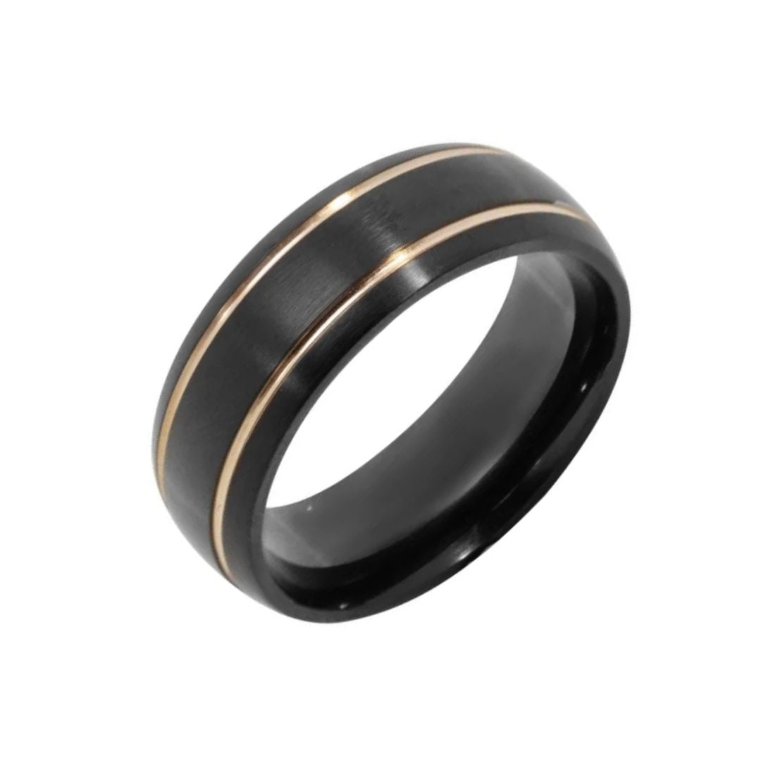 Anillo de Acero Negro para Hombre con Líneas Doradas