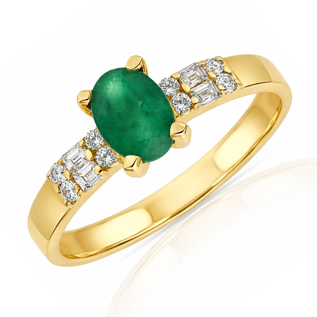 Anillo oro 18k con esmeralda fina verde y circonitas