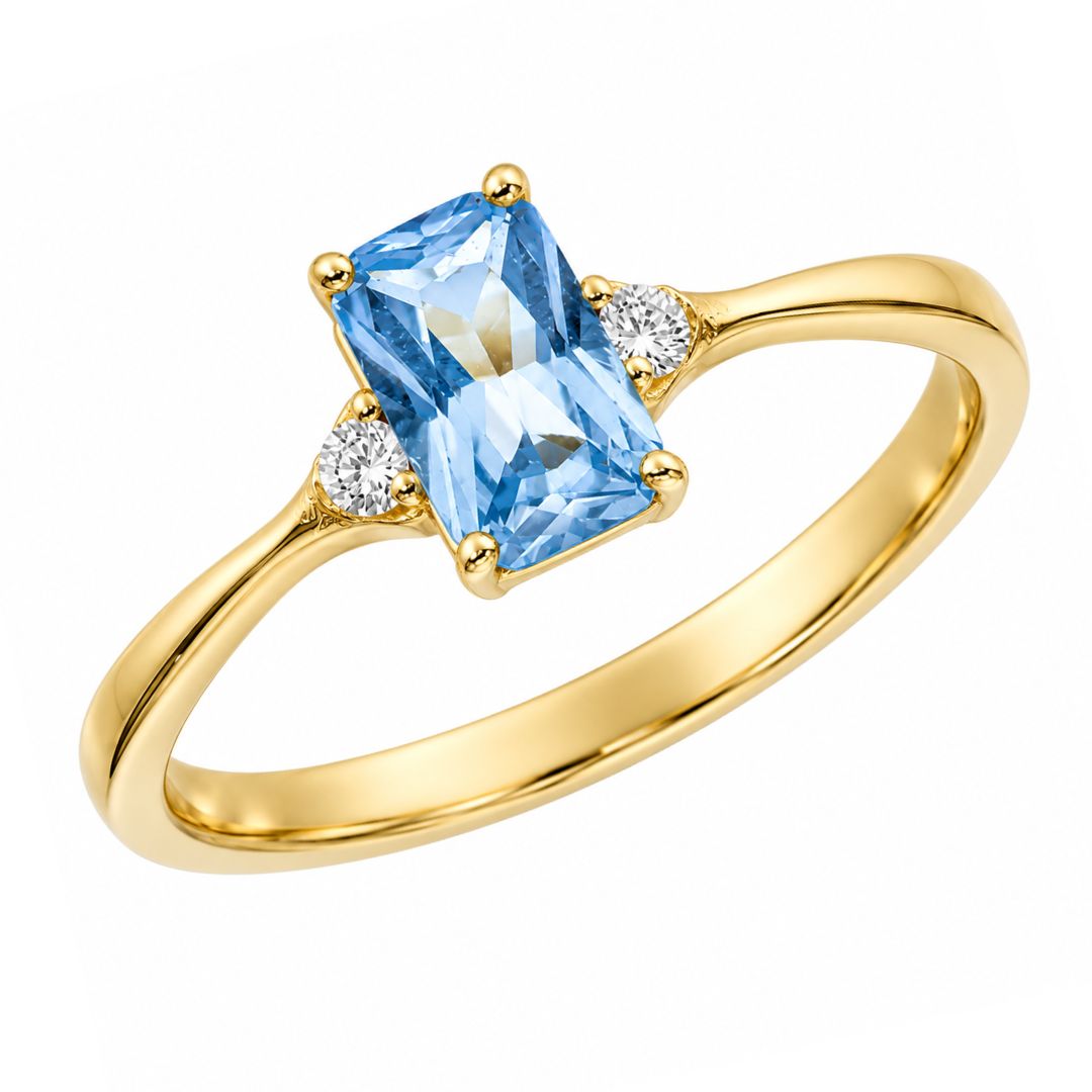Anillo de Oro 18K con Piedra Azul Aguamarina y Circonitas