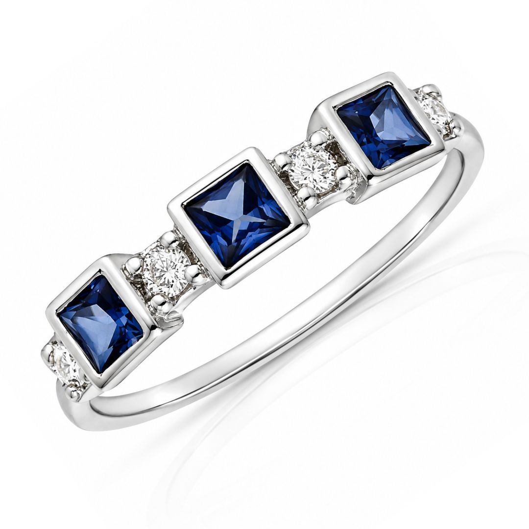 Anillo de Oro Blanco 18K con Zafiros y Diamantes Naturales