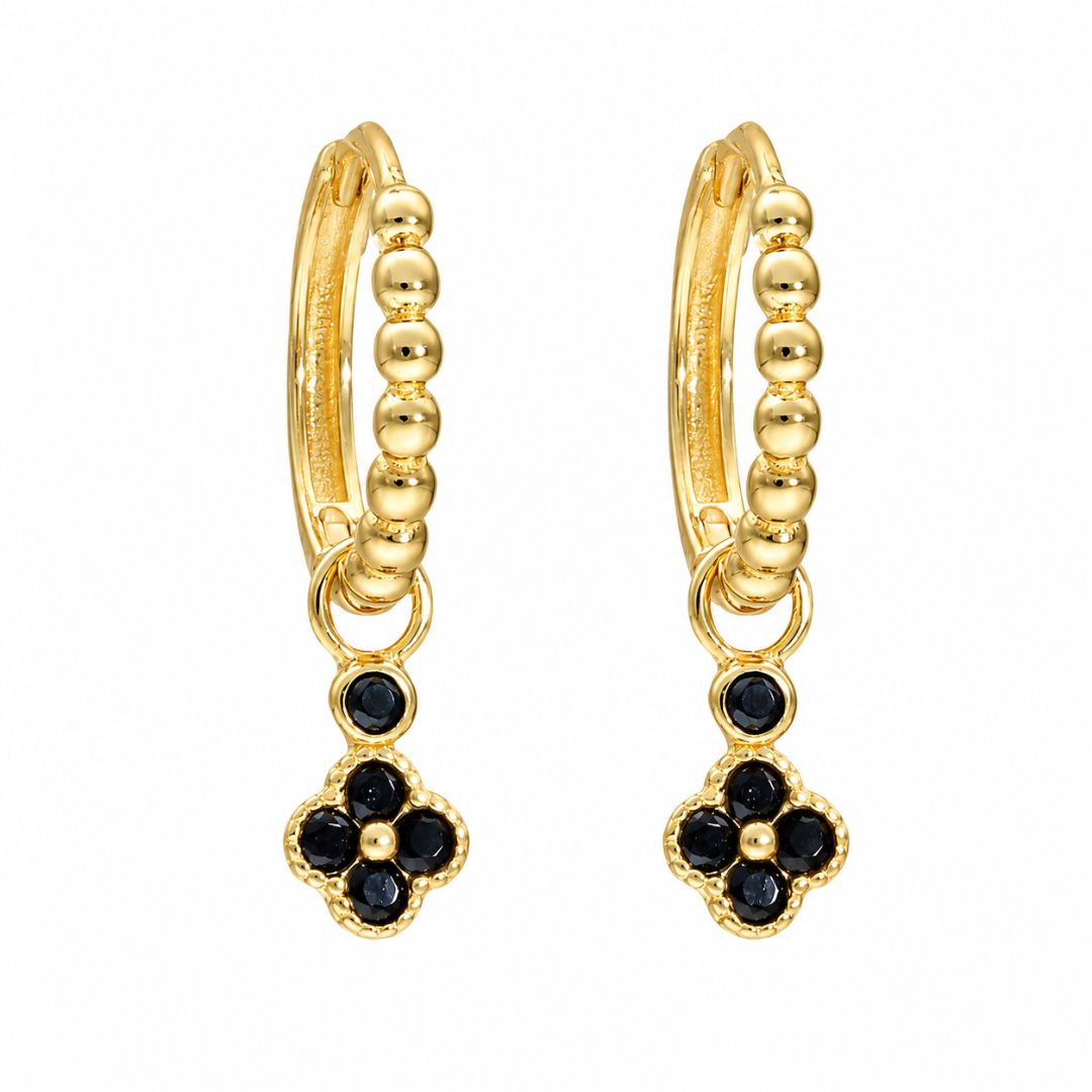 Aros Oro Amarillo 18K con Colgante Flor y Circonitas Negras