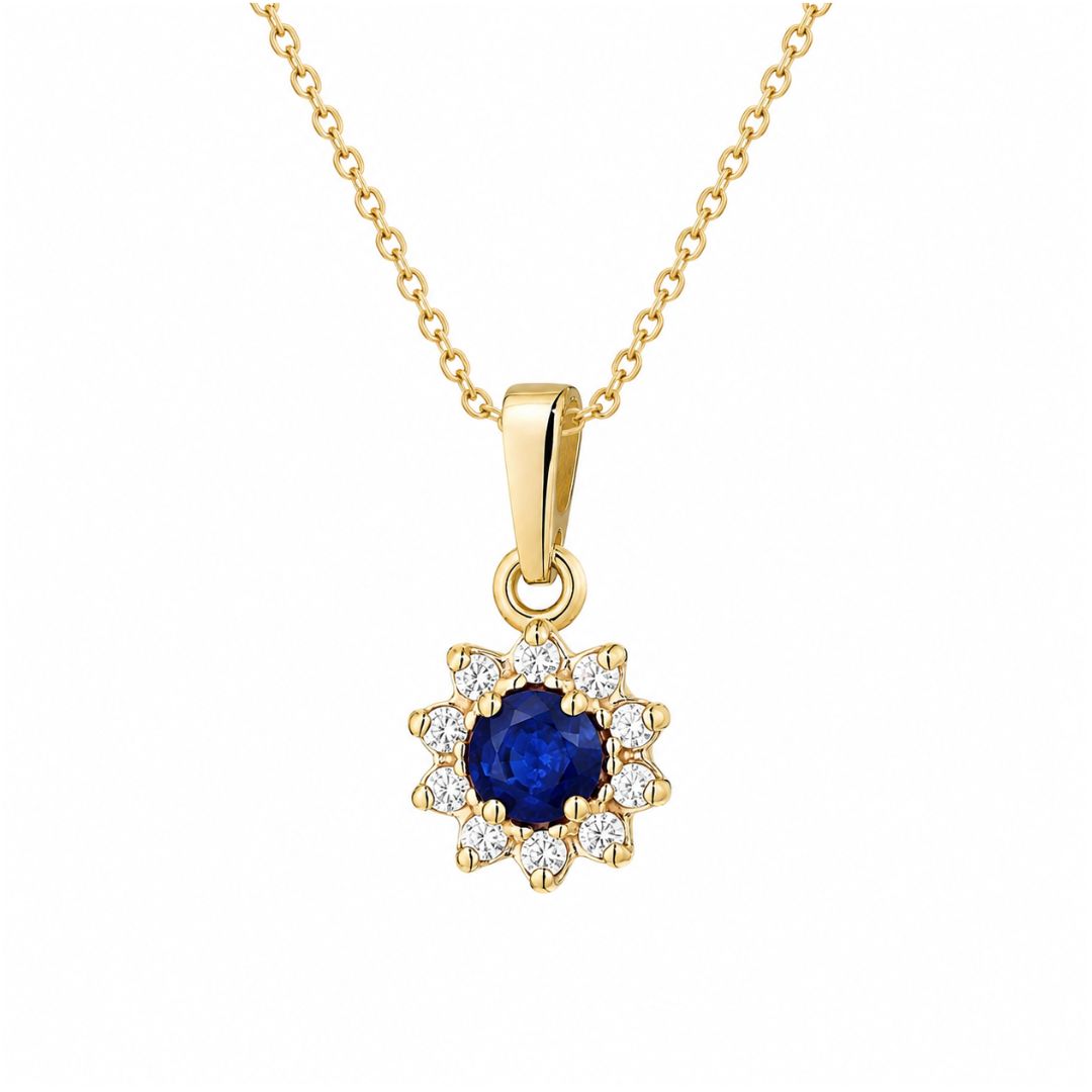 Colgante Redondo de Zafiro y Diamante en Oro de 14K