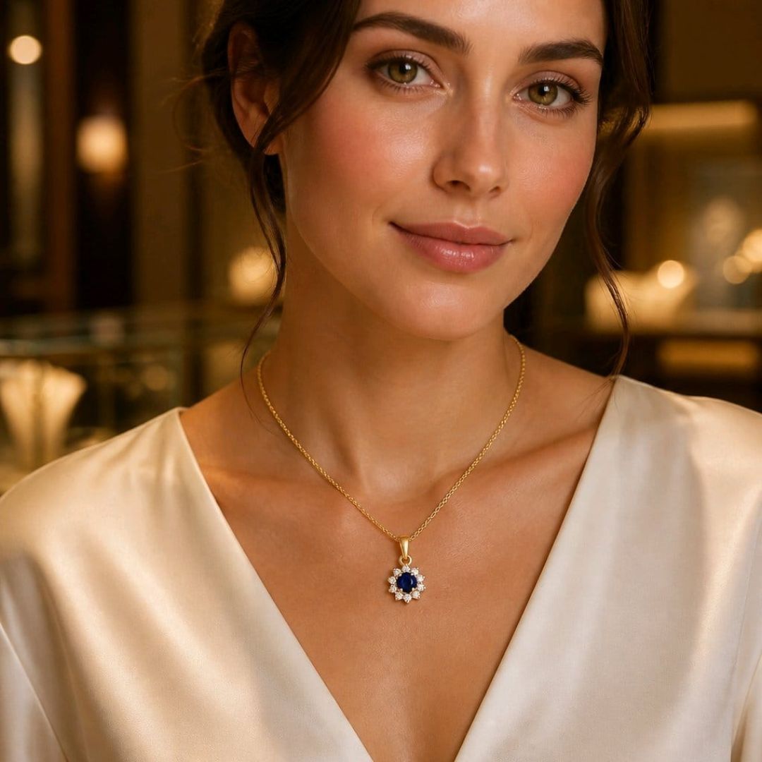 Colgante Redondo de Zafiro y Diamante en Oro de 14K