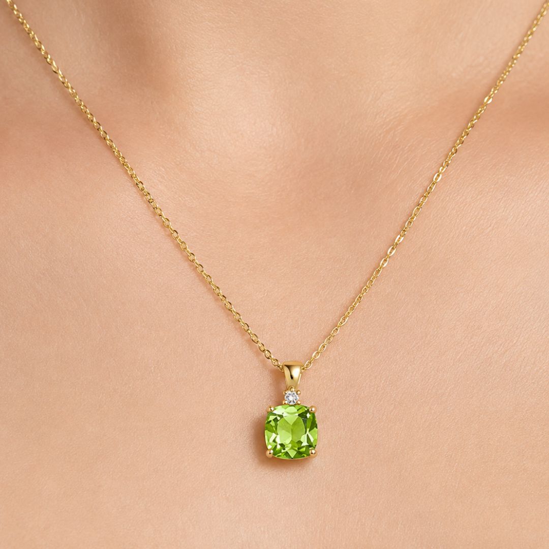 Colgante de Oro 14K con Peridoto Talla Cojín y Diamante Natural