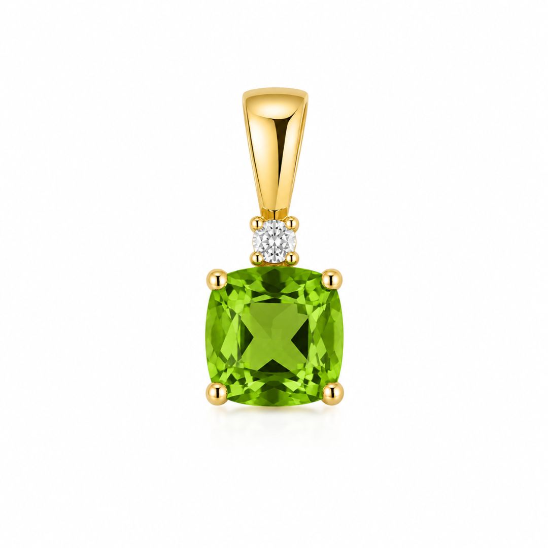 Colgante de Oro 14K con Peridoto Talla Cojín y Diamante Natural