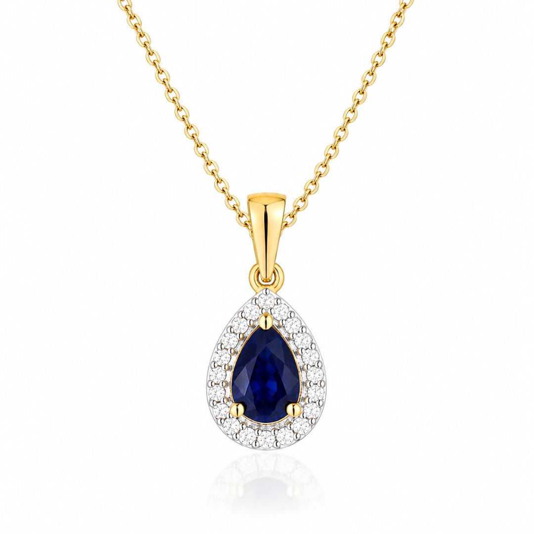 Colgante de Zafiro Pera y Diamantes en Oro de 14K