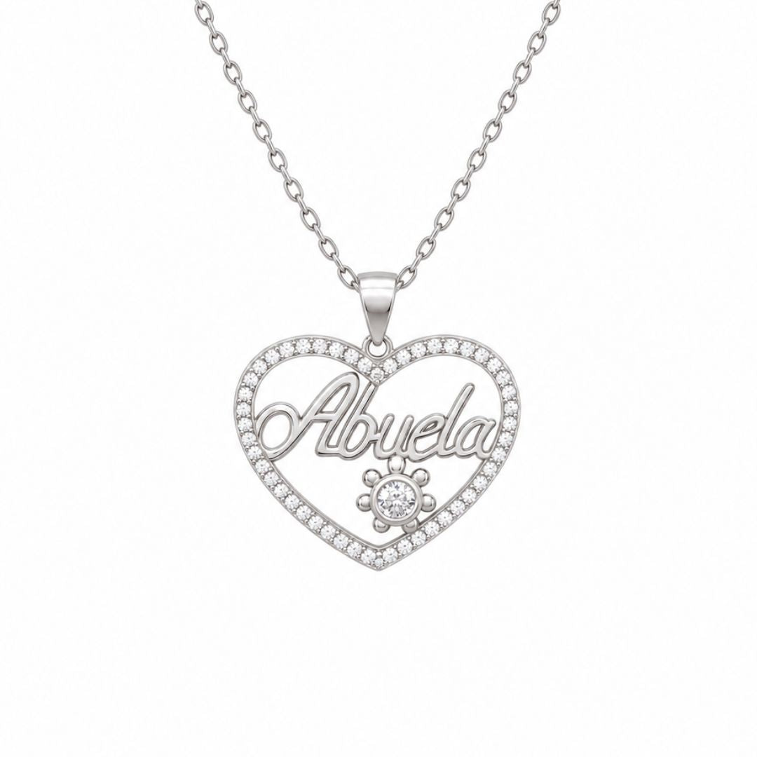 Collar Abuela de plata · Corazón con flor y piedras blancas