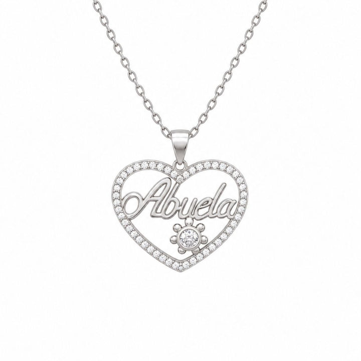 Collar Abuela de plata · Corazón con flor y piedras blancas