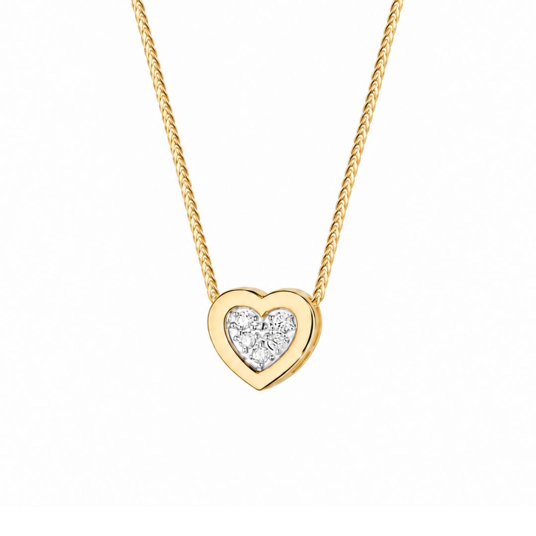 Collar Corazón de Oro de 14K con Cinco Diamantes