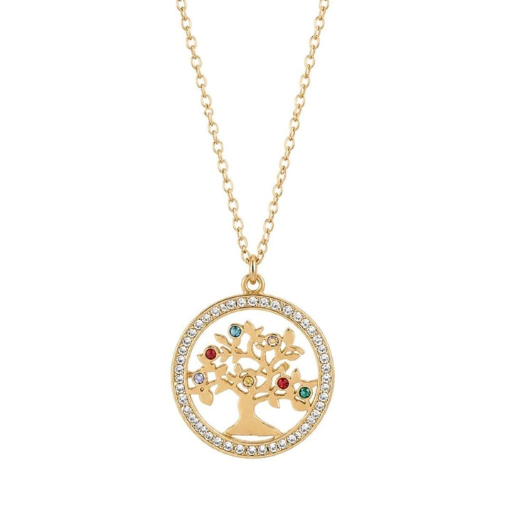 Collar Corto de Acero Dorado con Colgante Árbol de la Vida y Circonitas Multicolor