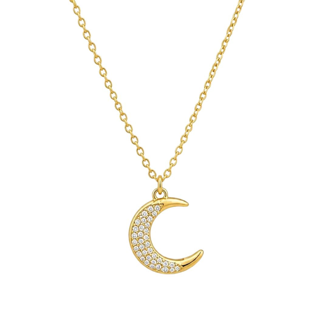 Collar Corto de Acero Dorado con Colgante Luna y Circonitas