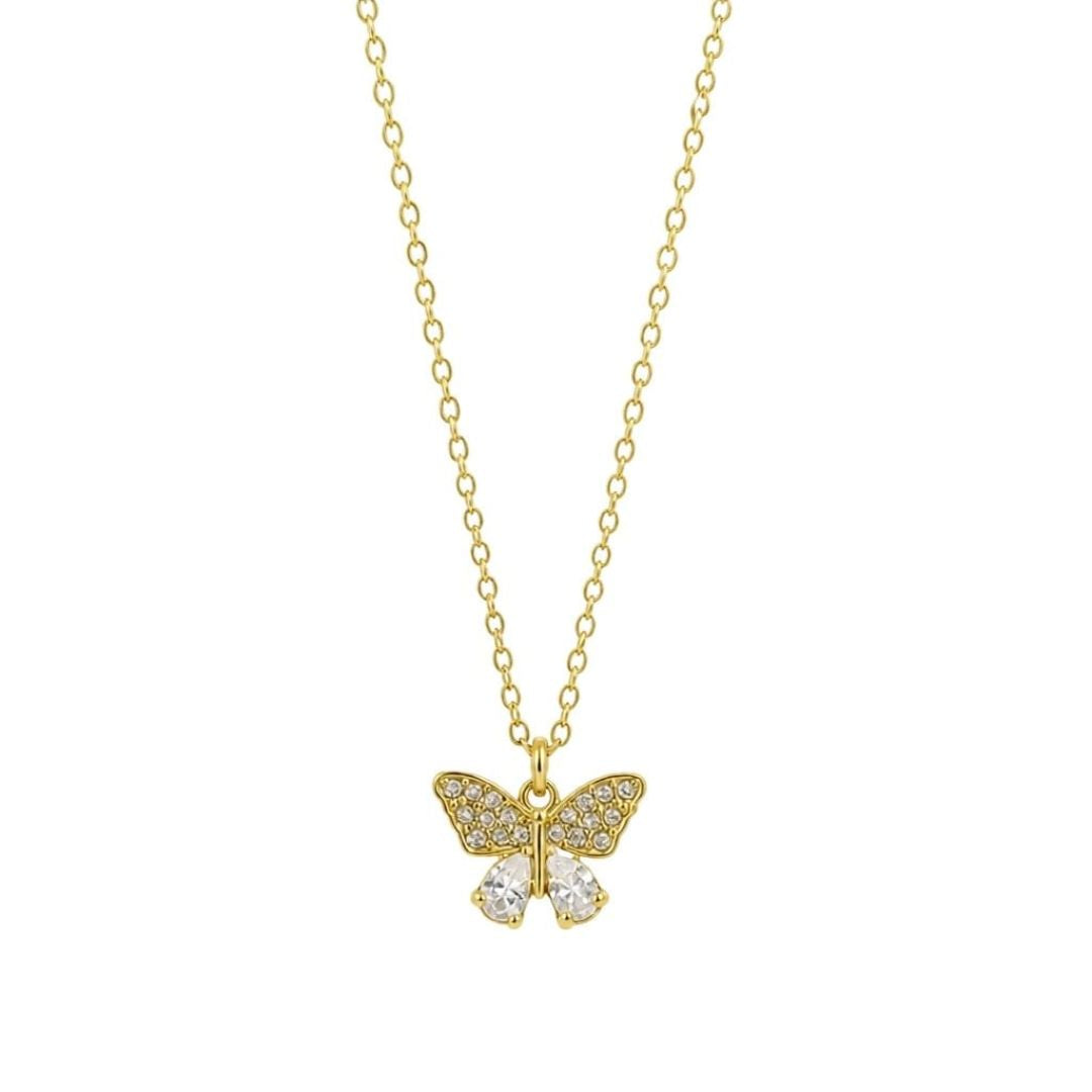 Collar Corto de Acero Dorado con Colgante Mariposa y Circonitas