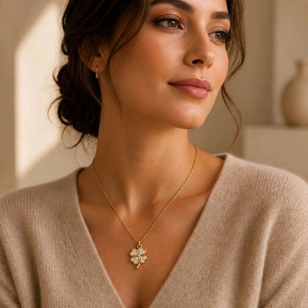 Collar Corto de Acero Dorado con Colgante Trébol de Cuatro Hojas y Circonitas