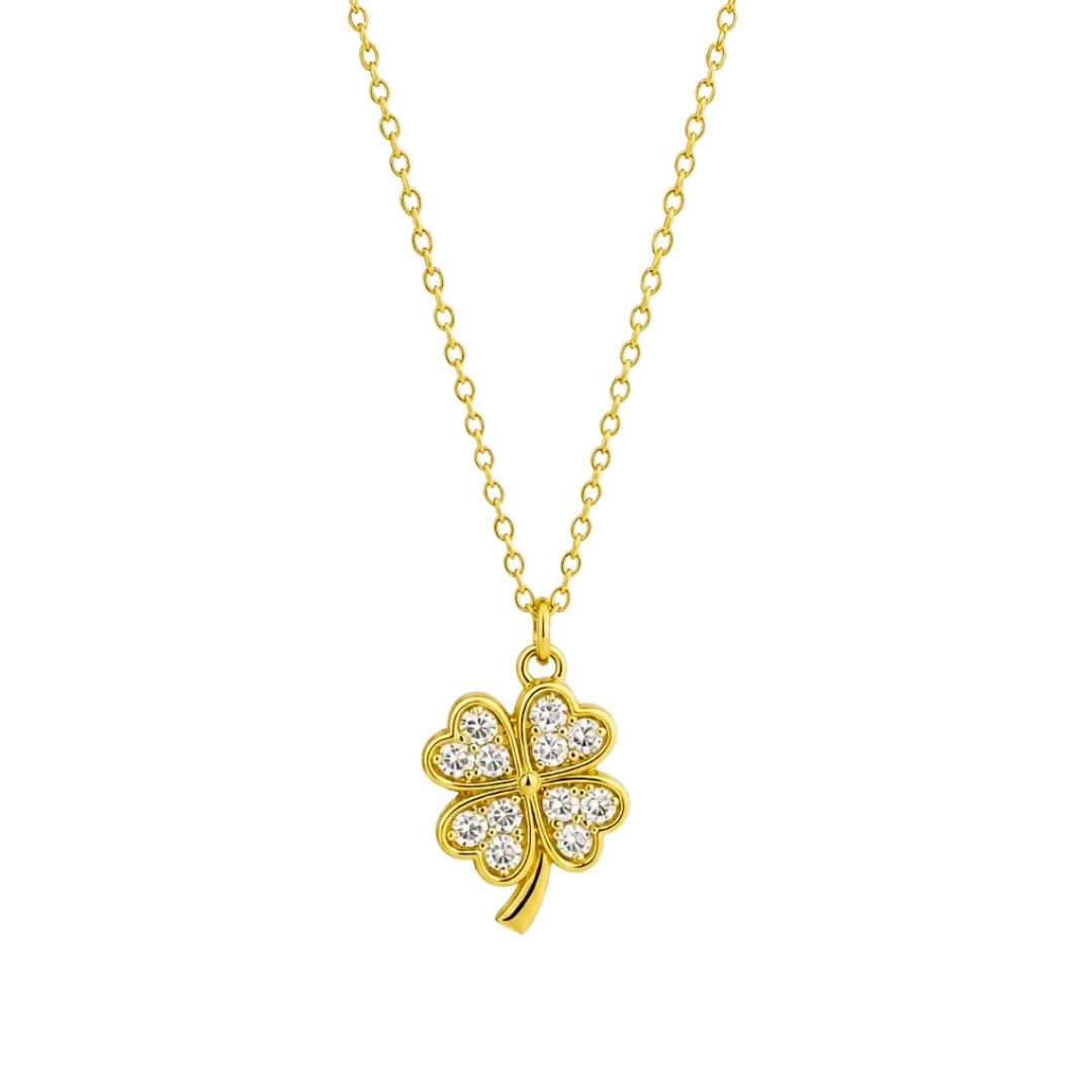 Collar Corto de Acero Dorado con Colgante Trébol de Cuatro Hojas y Circonitas