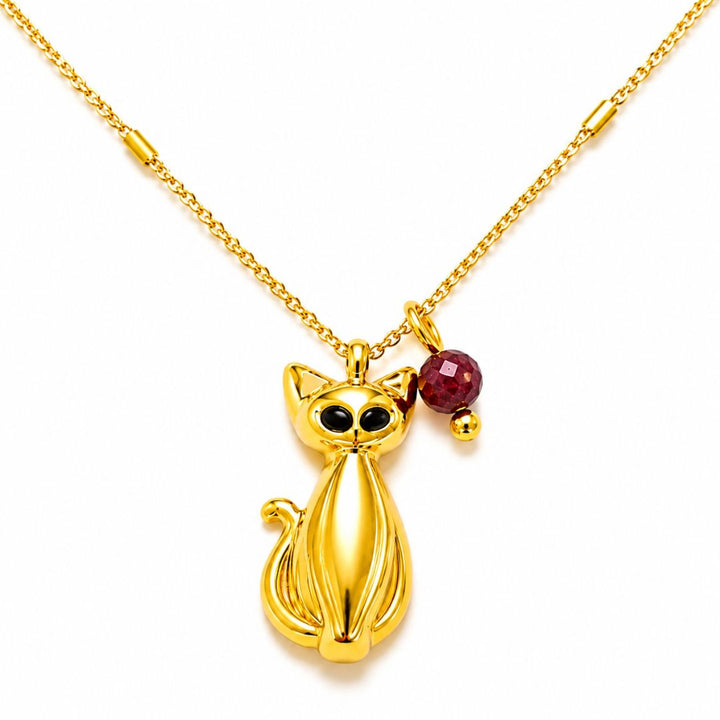 Collar Corto de Acero Dorado con Colgante de Gato y Piedra