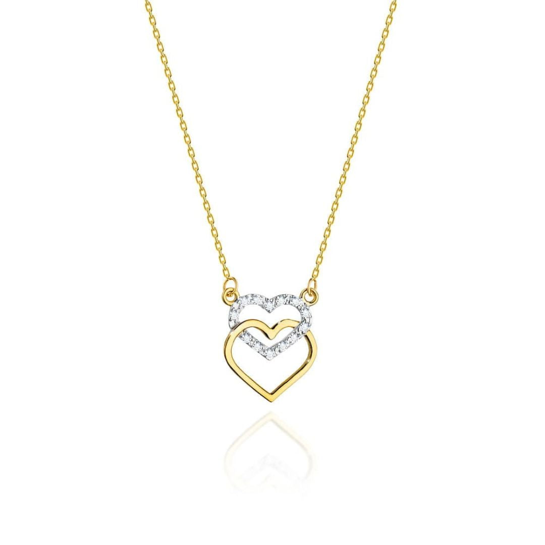 Collar Dos Corazones de Oro de 14K con Diamantes