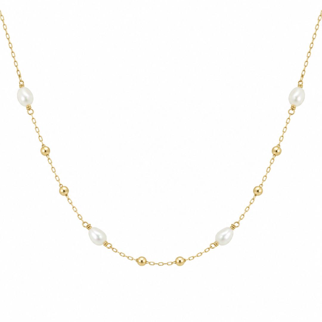 Collar Fino de Oro 9K con Perlas Cultivadas y Bolitas