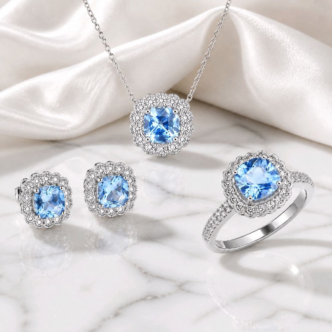 Collar Plata 925 con Piedra Azul Cuadrada y Halo de Circonitas