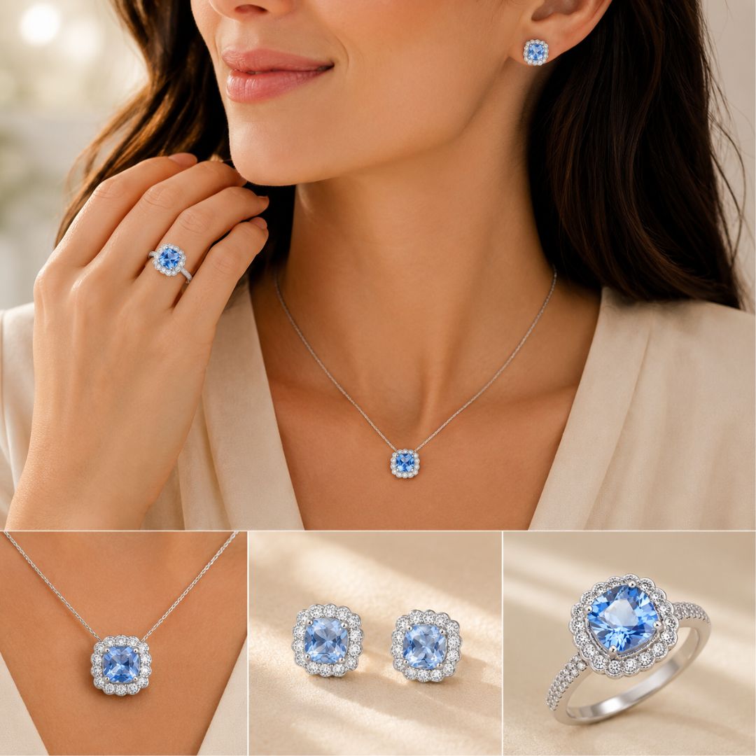 Anillo Plata 925 con Circonita Azul de Talla Cushion y Halo de Circonitas