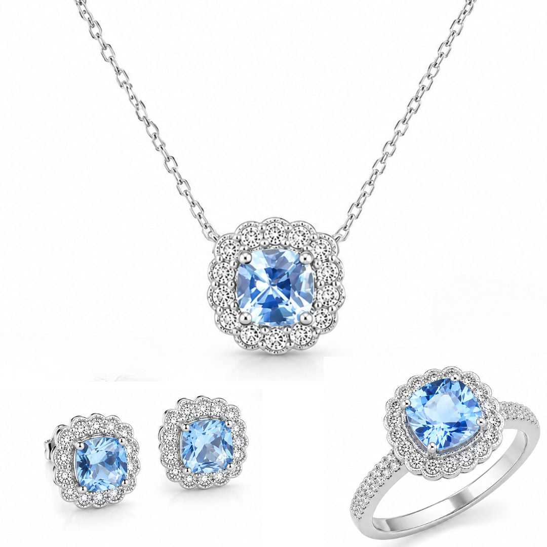Collar Plata 925 con Piedra Azul Cuadrada y Halo de Circonitas