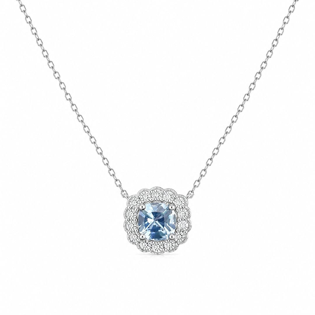 Collar Plata 925 con Piedra Azul Cuadrada y Halo de Circonitas