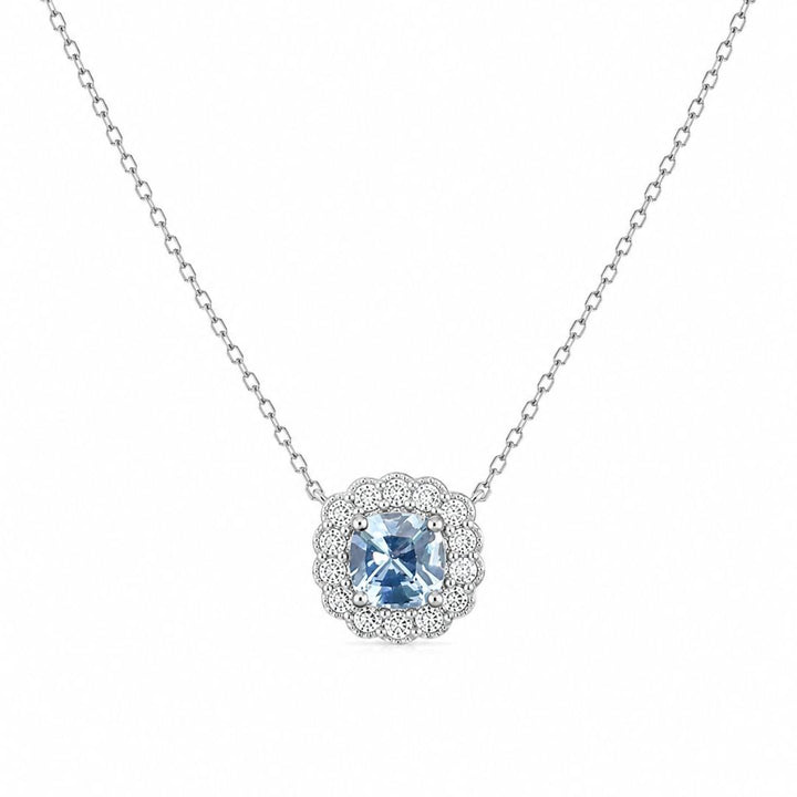 Collar Plata 925 con Piedra Azul Cuadrada y Halo de Circonitas