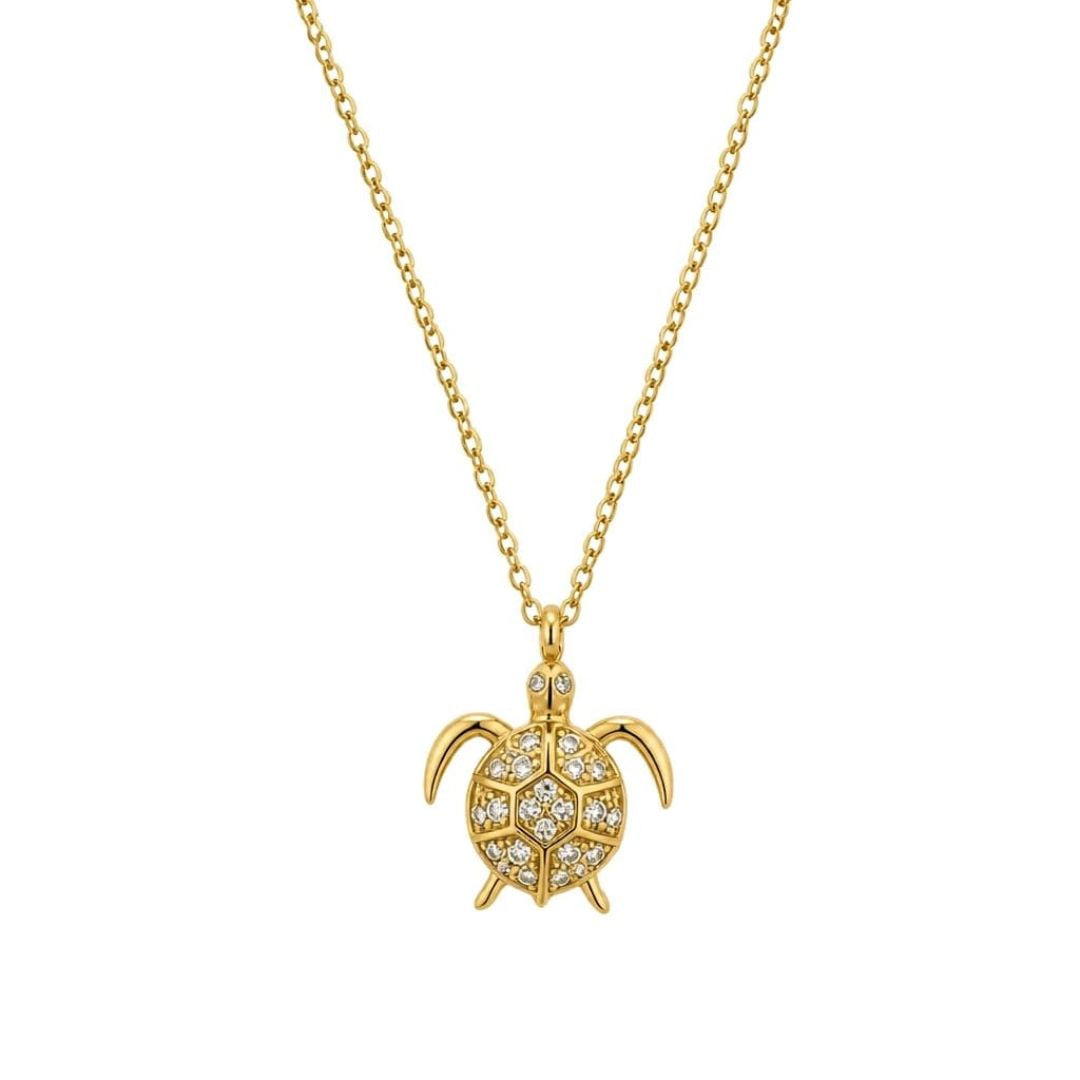 Collar de Acero Dorado con Colgante Tortuga y Circonitas