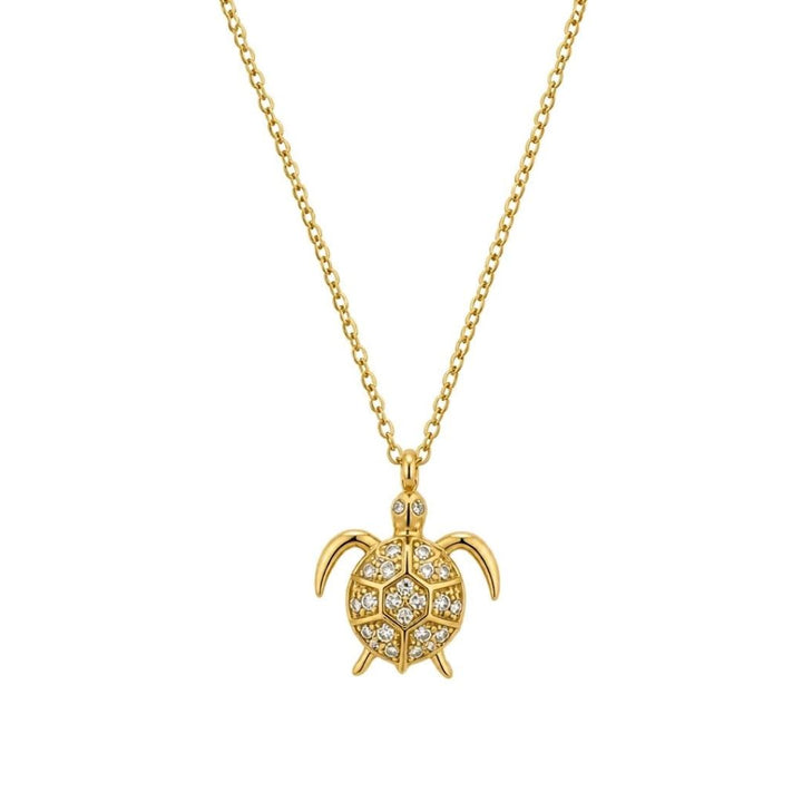 Collar de Acero Dorado con Colgante Tortuga y Circonitas