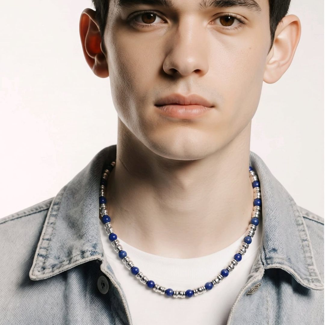 Collar de Acero para Hombre con Bolitas Azul Marino