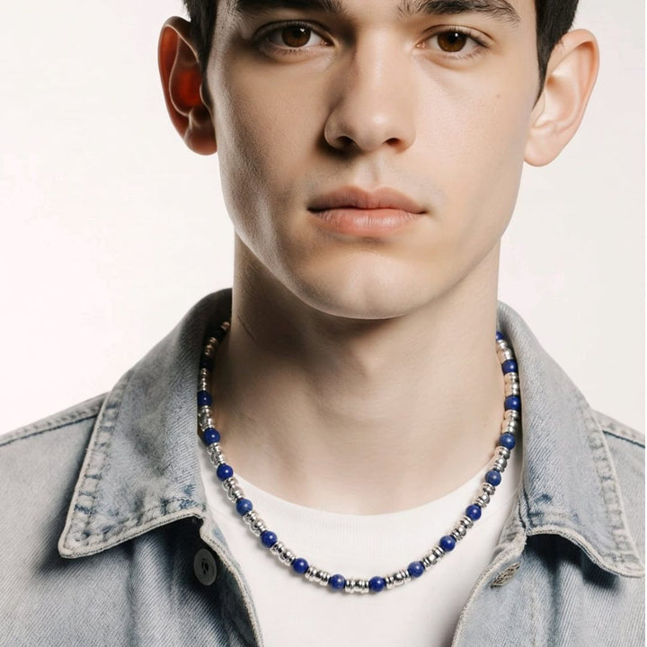 Collar de Acero para Hombre con Bolitas Azul Marino