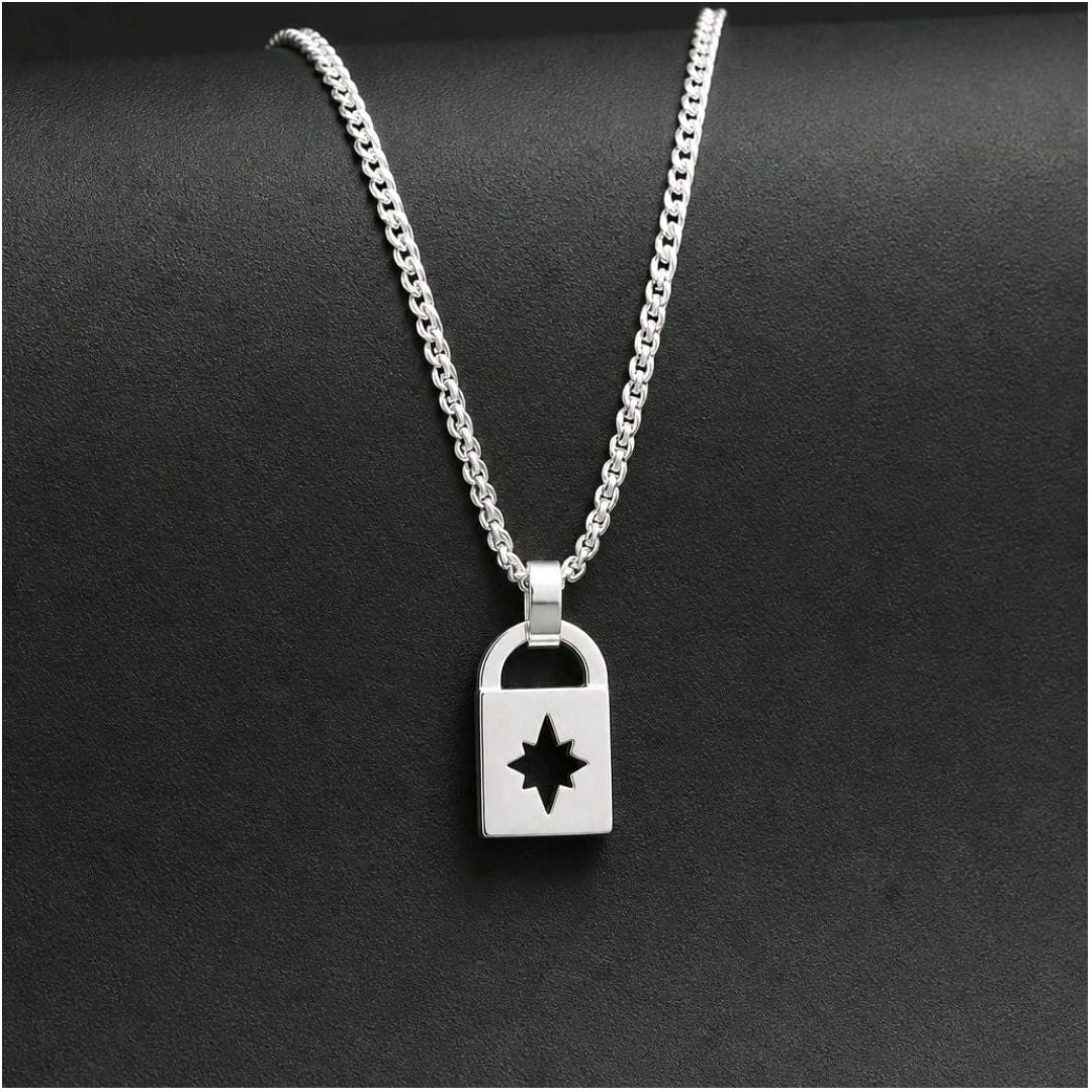 Collar de Acero para Hombre con Colgante Candado y Estrella Negra