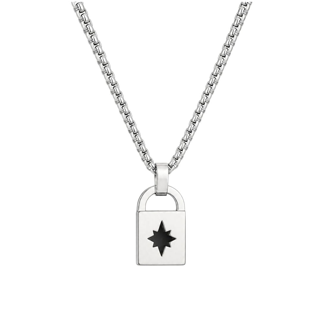Collar de Acero para Hombre con Colgante Candado y Estrella Negra